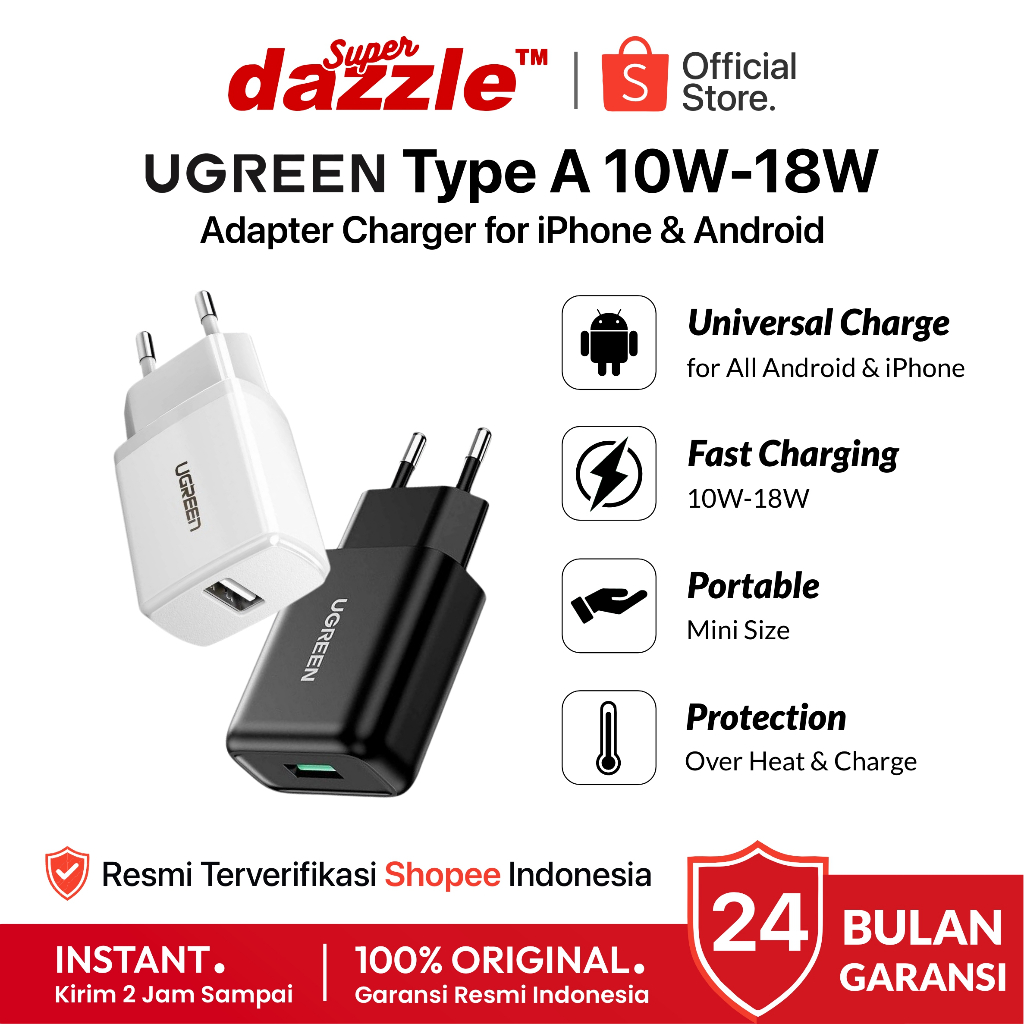 UGREEN Kepala Charger USB Type A 18W 10W Fast Charging QC3.0 Official Store Garansi Resmi 2 Tahun Tr