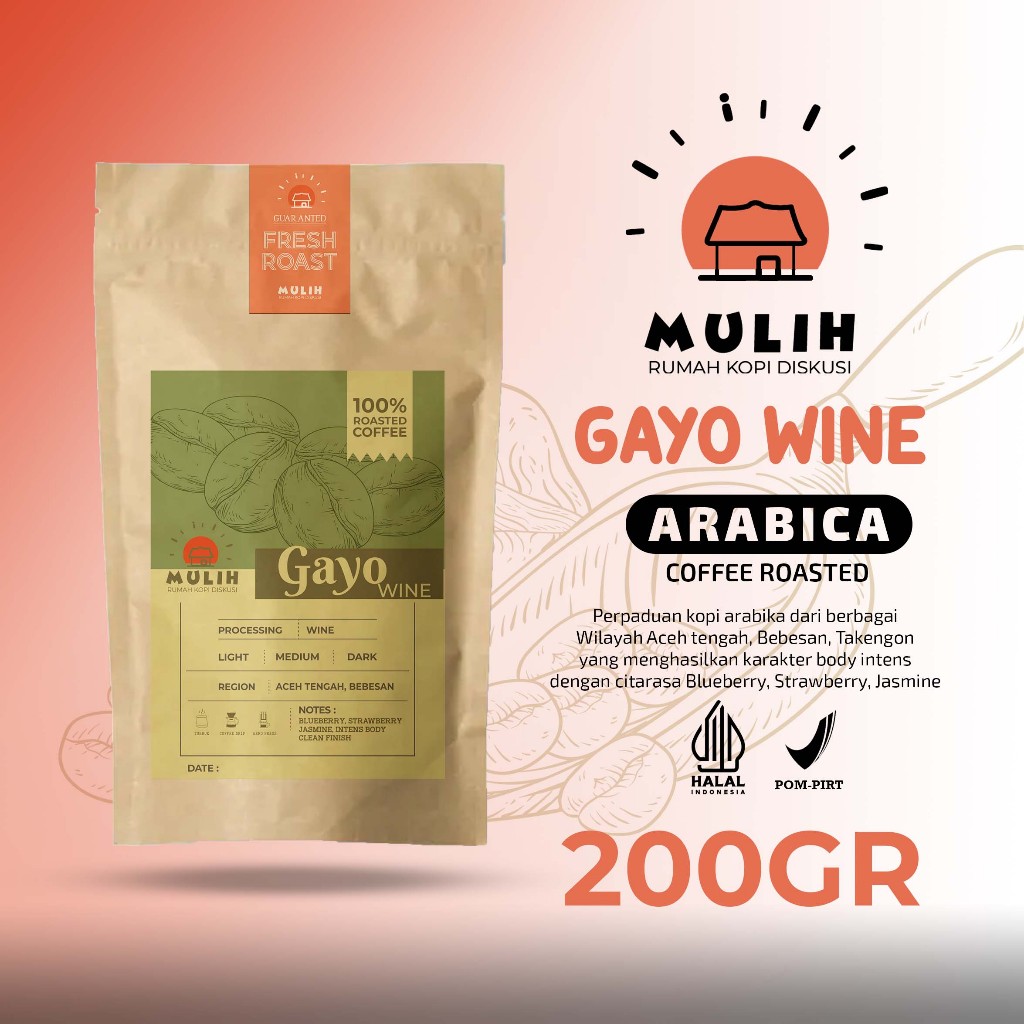 

Biji Kopi Bubuk Arabika Gayo Wine Arabica Coffee Roast Bean Mulih 200gr