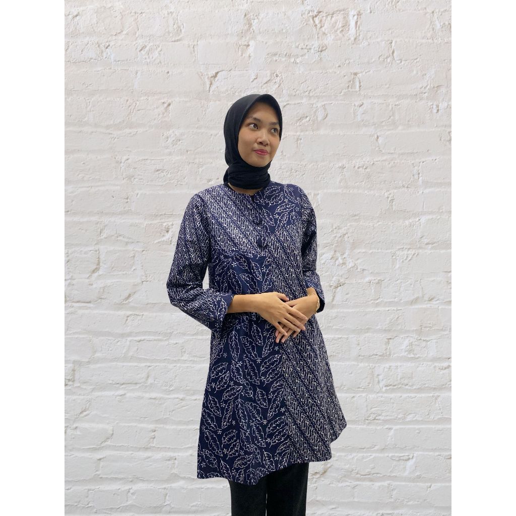 Tunik Batik AZV Atasan Perempuan Lengan Panjang Kemeja Batik  Biru