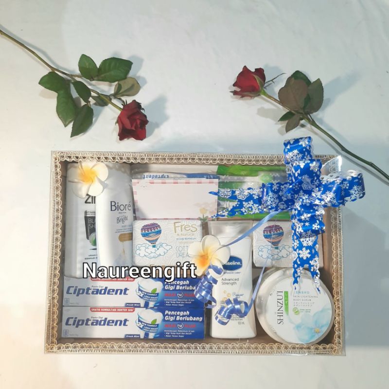 Paket Seserahan/Hantaran/ Body Scrub/Body Care/Peralatan Mandi White Blue Elegant (Free Box & Free B