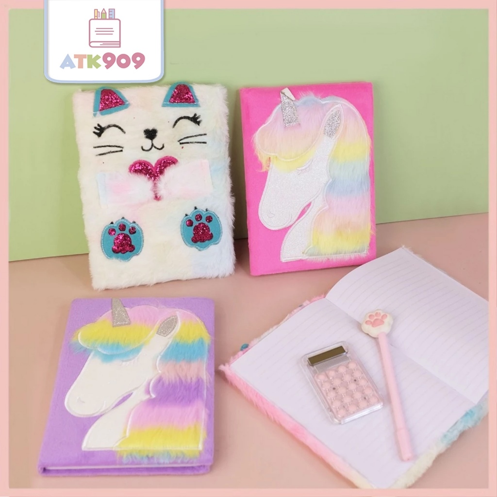 

ATK909 A5 Notebook Bulu Diary Unicorn Cat Fur Buku Agenda Buku Tulis Fluffy HardCover
