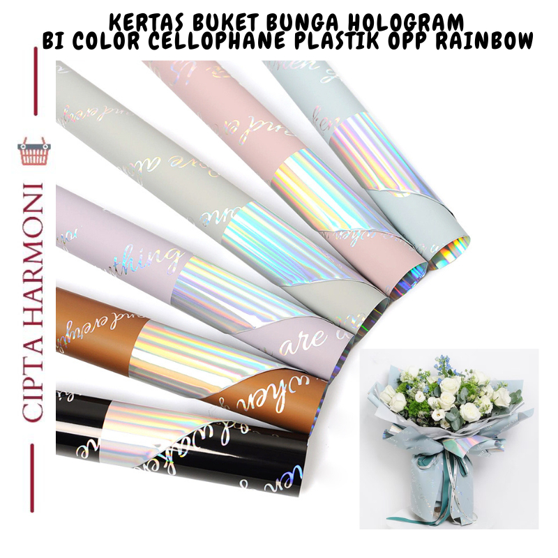 

20 LEMBAR Flower Wrapping Paper Hologram Paper Bi Color Kertas Cellophane Plastik OPP Rainbow KB056