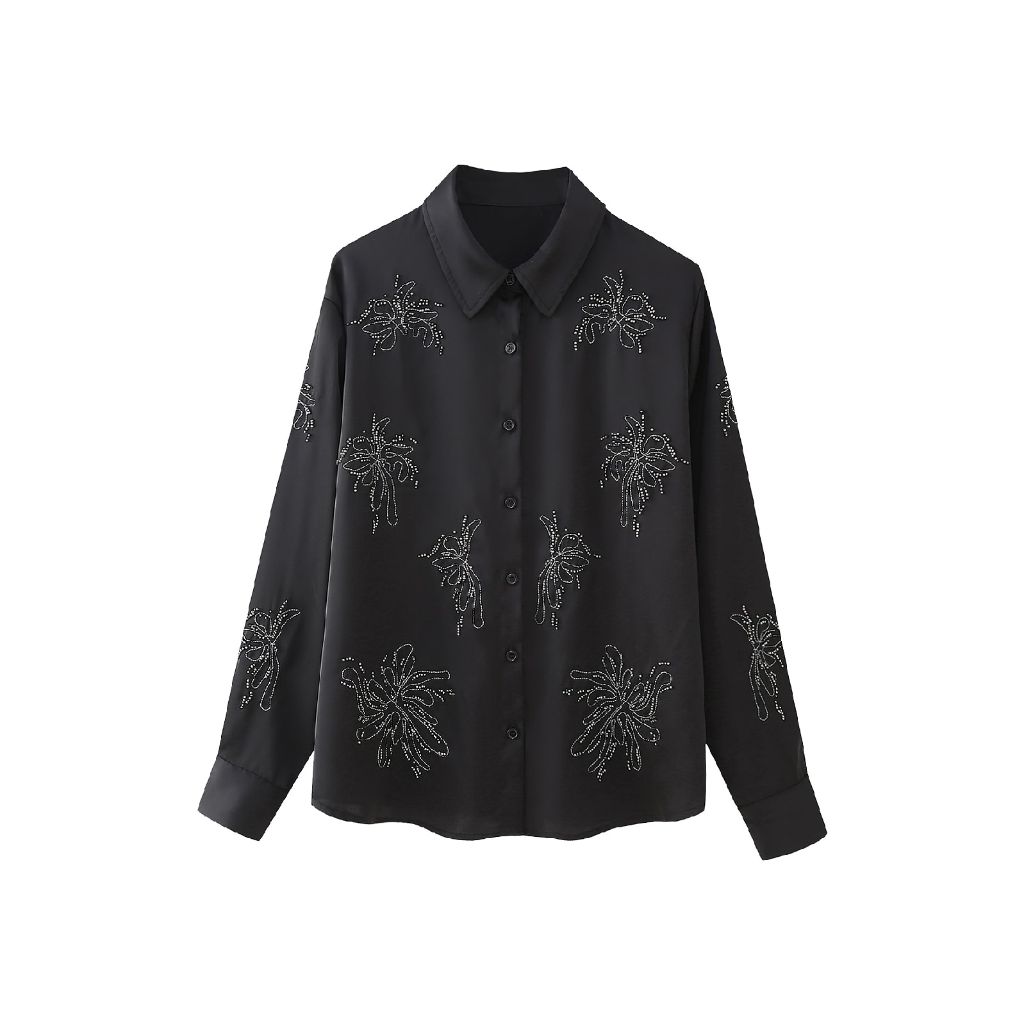 Woman silk black beaded shirts/ kemeja satin wanita hitam manik manik
