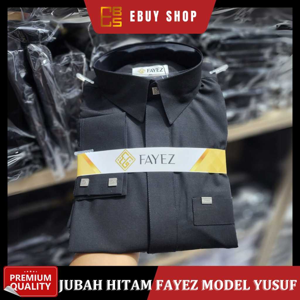 Jubah Fayez Hitam Zipper Lengan Manset / Jubah Fayez Model Yusuf Katun Hitam / Jubah Pria Dewasa