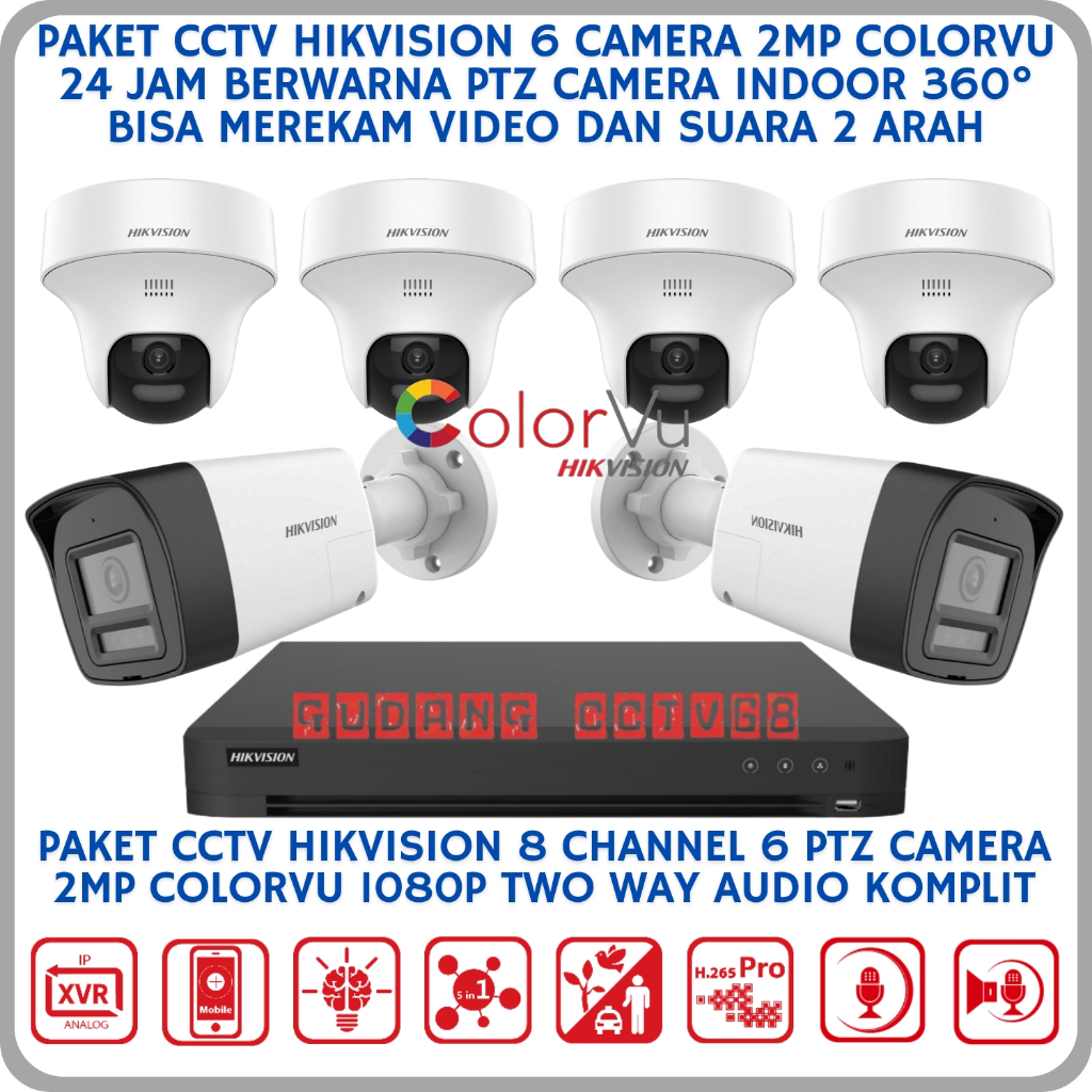PAKET CCTV HIKVISION 6 CAMERA 2MP COLORVU TWO WAY AUDIO SERIES 1080P CAMERA CCTV SUARA 2 ARAH 360°