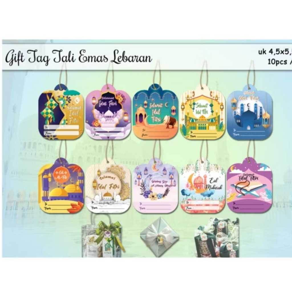 (Isi 10pcs)kartu ucapan lebaran//kartu ucapan idul fitri/Gift Tag Tali emas Lebaran, hang tag lebara