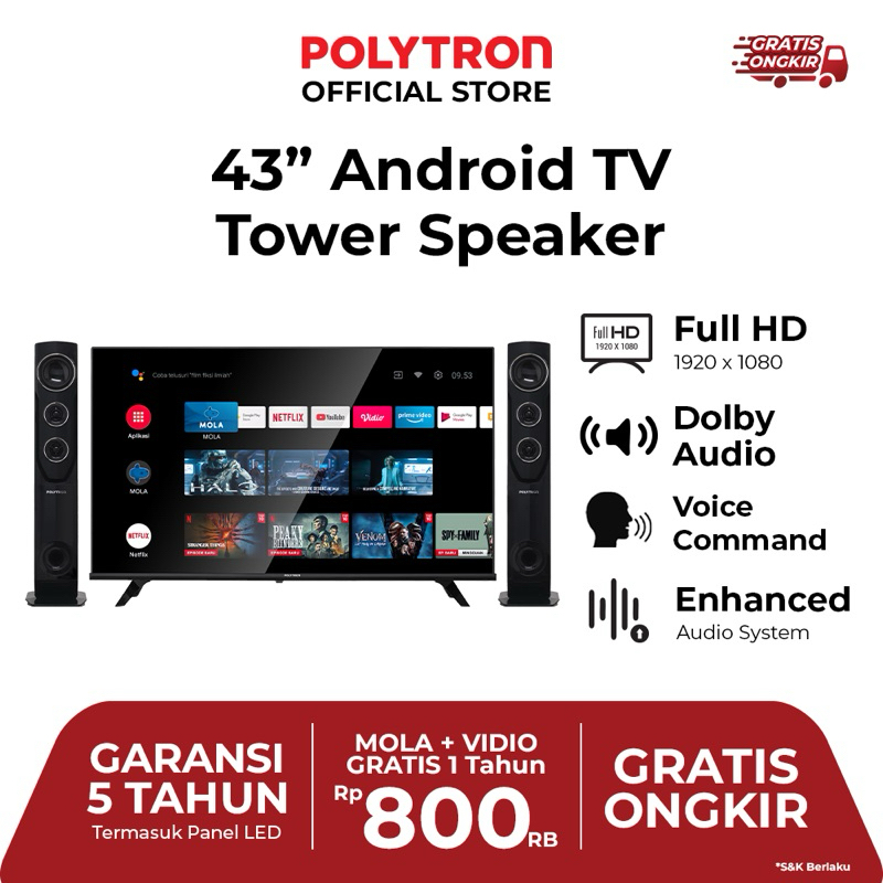 POLYTRON LED Smart Android TV 43 inch PLD 43TA5055 / PLD 43TA Cinemax Tower Speaker