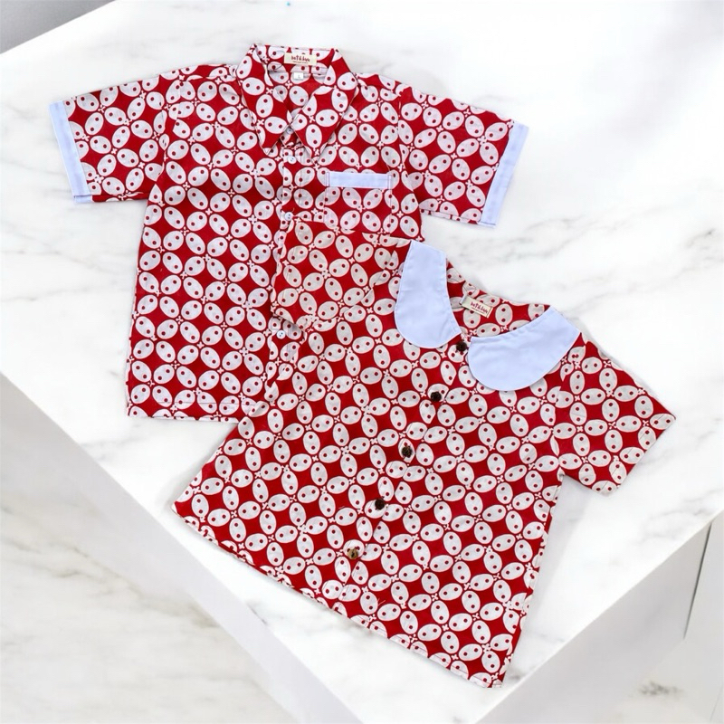 BLUS & KEMEJA BATIK ANAK ASKA MERAH PUTIH SERAHAG SEKOLAH MOTIF KAWUNG BAHAN KATUN
