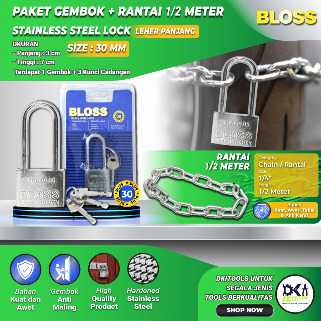 BLOSS Paket Gembok 30mm Panjang + Rantai 1/2 & 2 & 5 Meter Kuat Anti Karat & Tebal 1/4 Inch