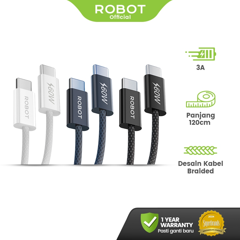 ROBOT Data Cable Fast Charging Kabel Data Charger Type C-to-C Iphone/Samsung RCC60W Original - Garan