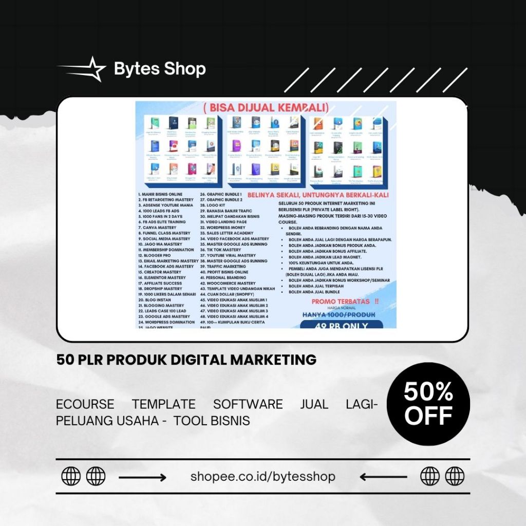 50 PLR PRODUK DIGITAL MARKETING - ECOURSE TEMPLATE SOFTWARE - PELUANG USAHA - TOOL BISNIS DIGITAL