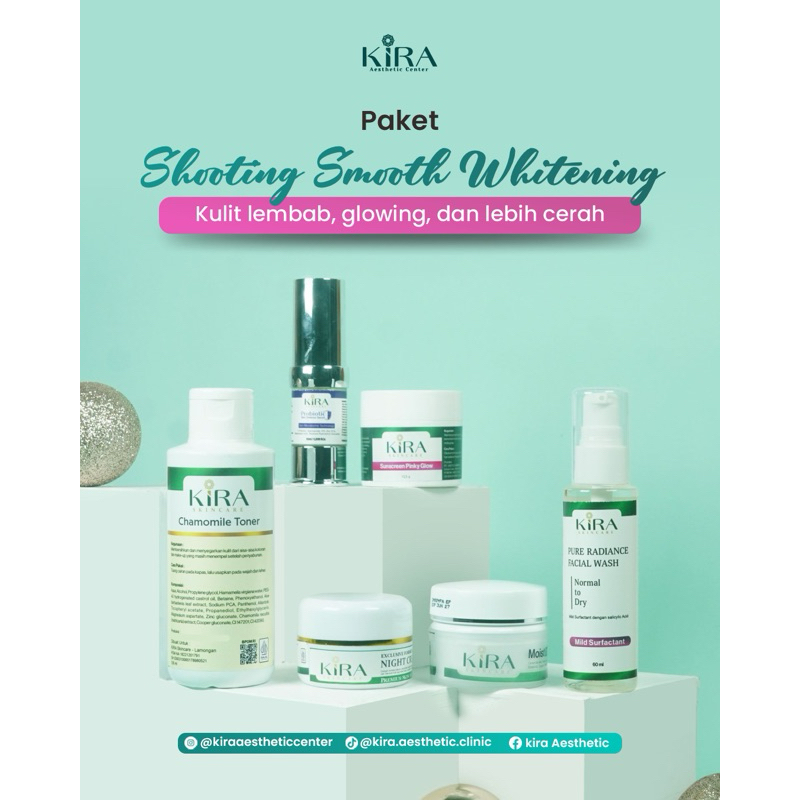 KIRA Paket Shooting Smooth Whitening - Paket Skincare Mencerahkan, Melembapkan, Glowing BPOM