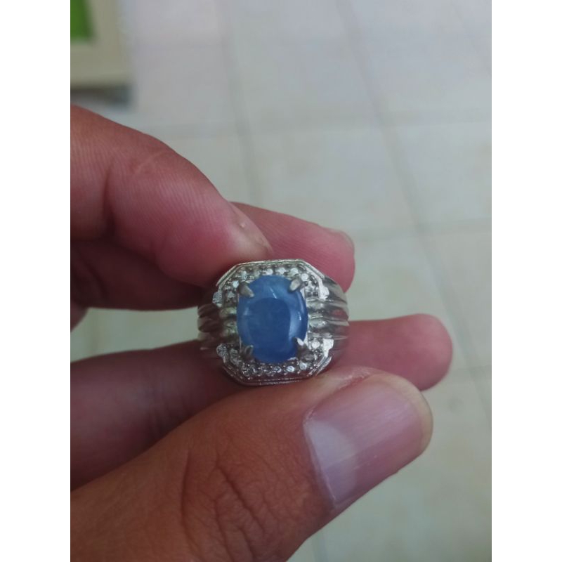 cincin natural batu permata mata utama blue safir warna muda kayak ceylon ring alpaka ringsize 16/17