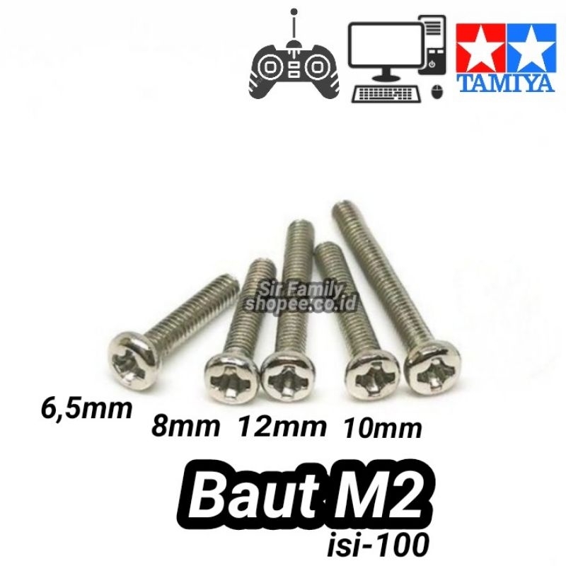 isi 100 _ Baut M2 Baut 2mm x 6.5cm / 2mm x 8mm / 2mm x 10mm / 2mm x 12mm _ Baut untuk Tamiya _ baut 
