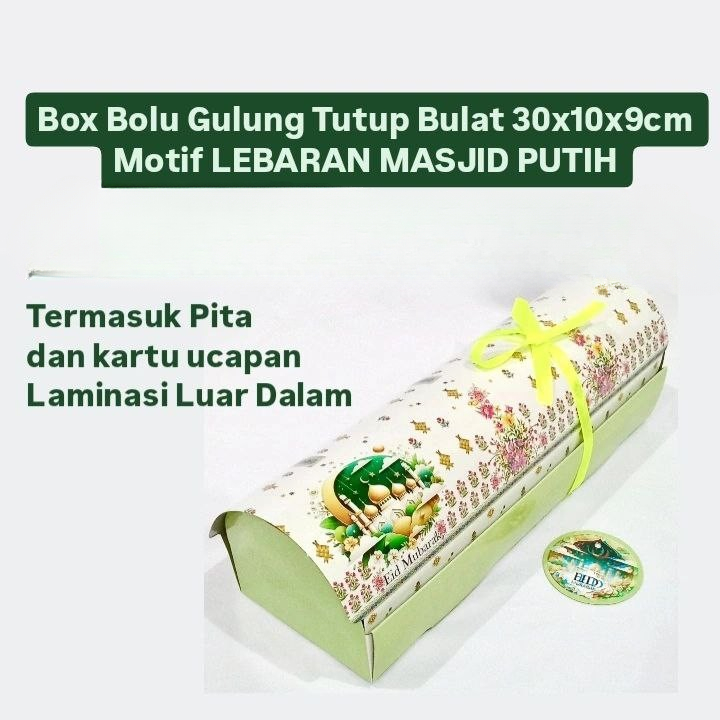 

Kardus Bolu Gulung Lebaran Box Roll Cake Eid Mubarak Motif Masjid Putih Tutup Bulat 30x10x9 cm