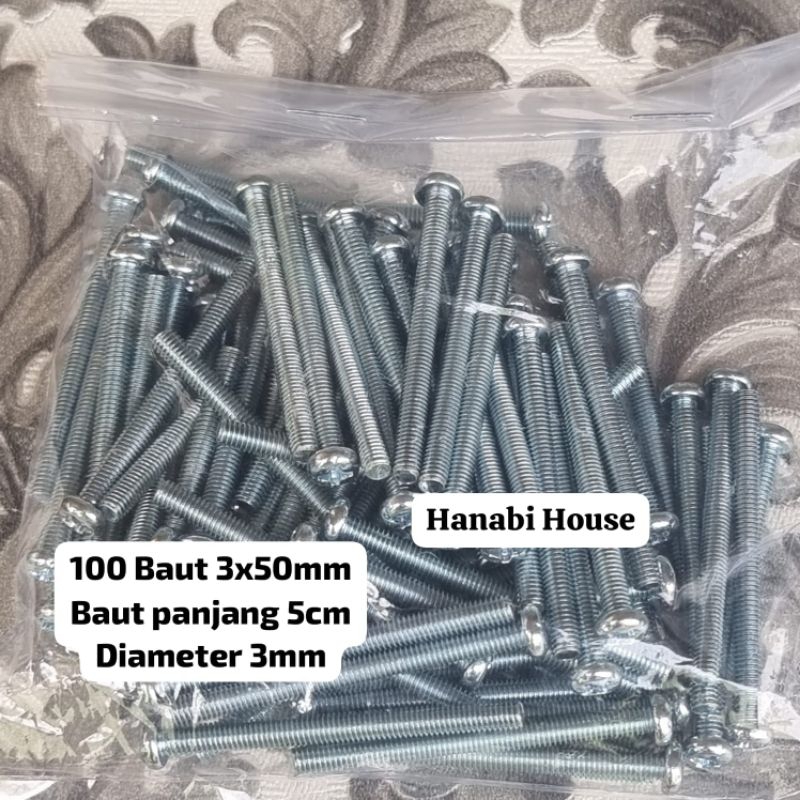 100 Baut 3X50mm Baut JP M3 x Panjang 5cm Diameter 3mm