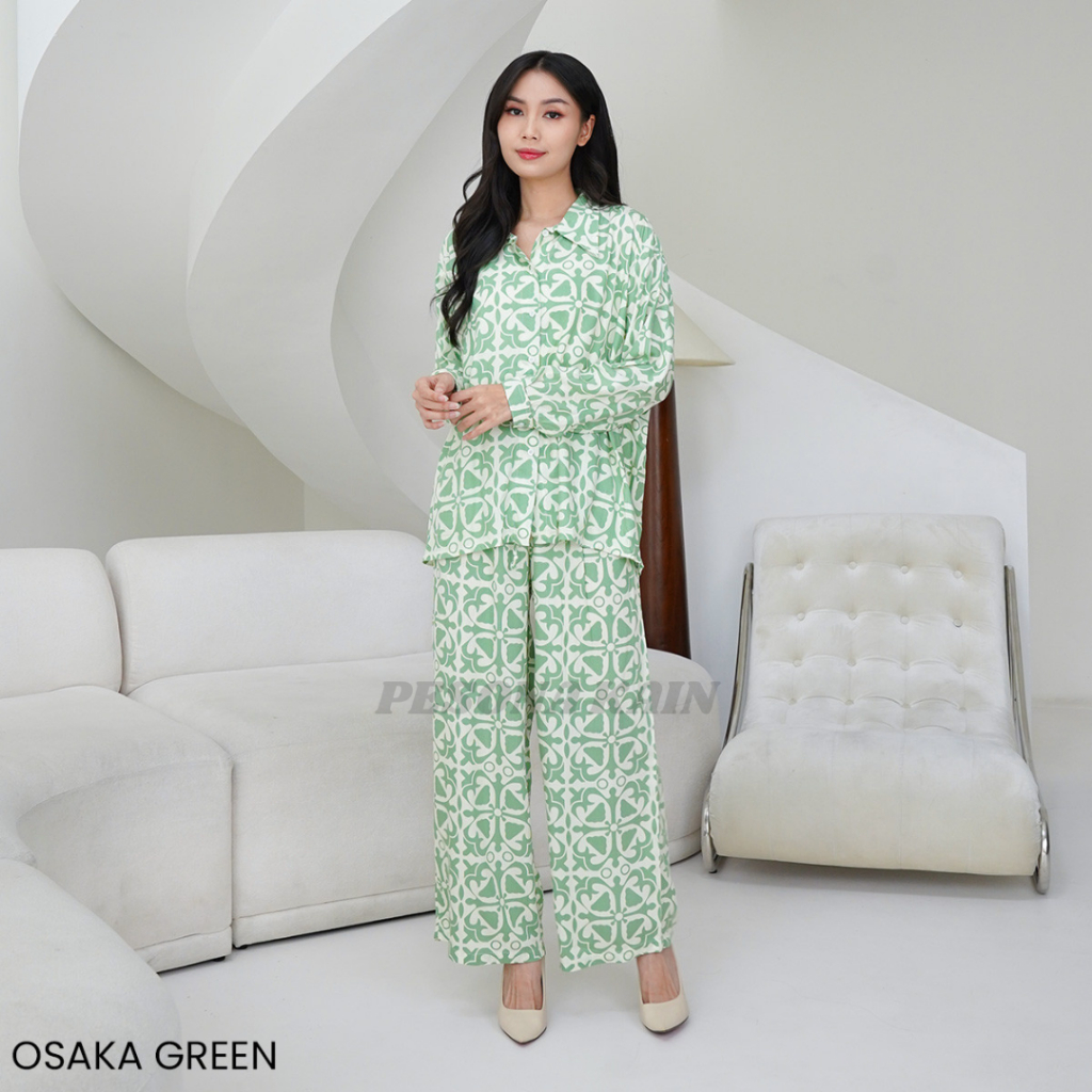 One Set Kemeja Motif Aurel Setelan Baju Wanita Panjang Premium
