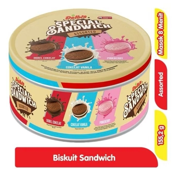 

(KALENG) 155 G DELBIS BISKUIT SPECIAL SANDWICH 3 RASA VANILA COKLAT STROBERY