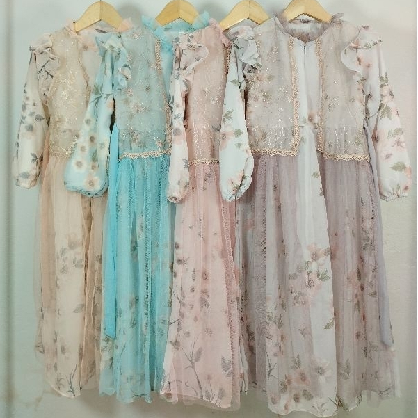 GAMIS DRESS ANAK FLOWERY CERUTY MIX TILE SET HIJAB HARI RAYA
