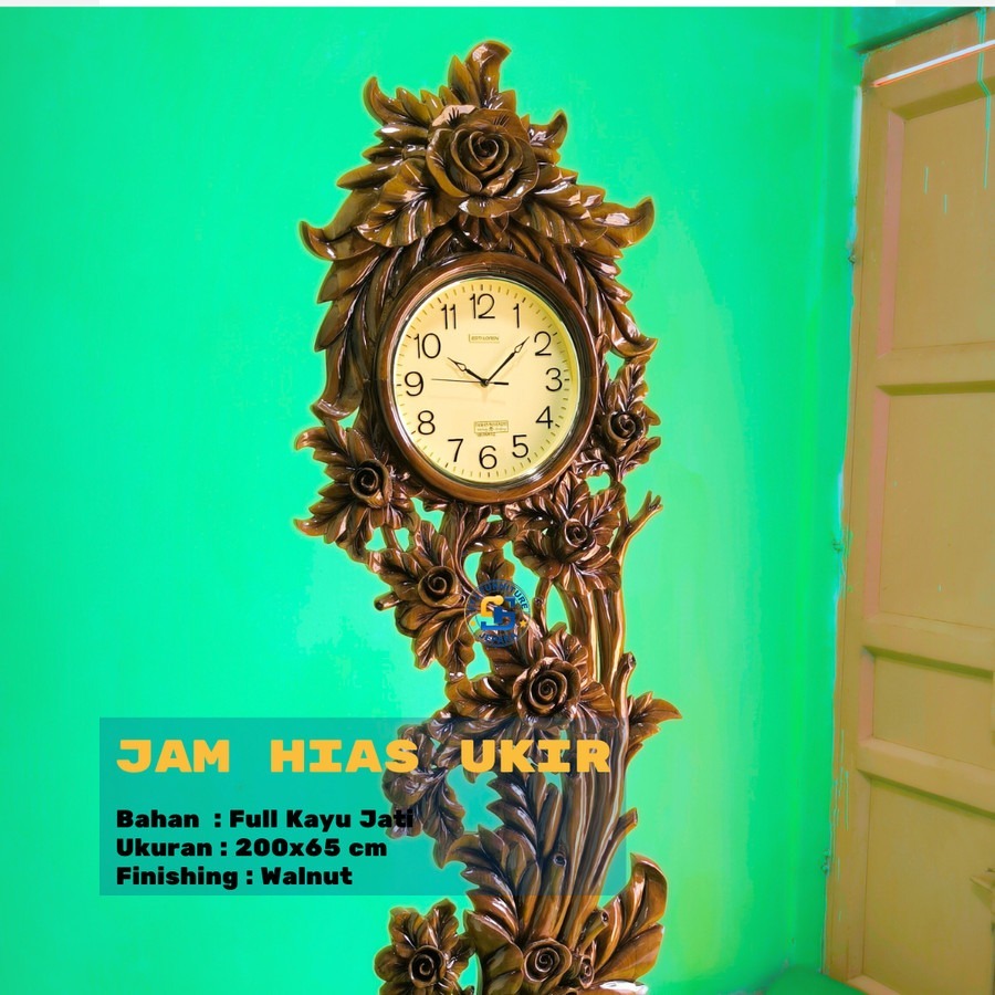 Jam Berdiri Kayu Jati Jepara Ukir Bunga Mawar Antik