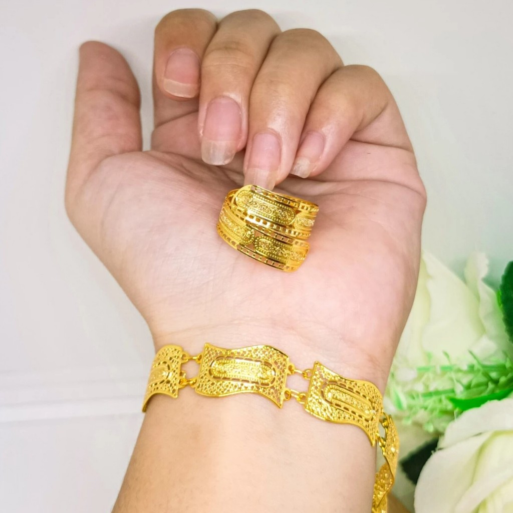 Set Gelang Kendari Ples Cincin Tembaga Xuping Aksesoris Perhiasan Lapis Emas 24k Gold Fashion Dubai 