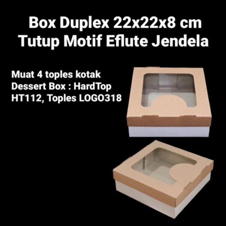 

Box Duplex Laminasi Dalam Model Eflute Jendela Dus Makanan 22x22x8cm