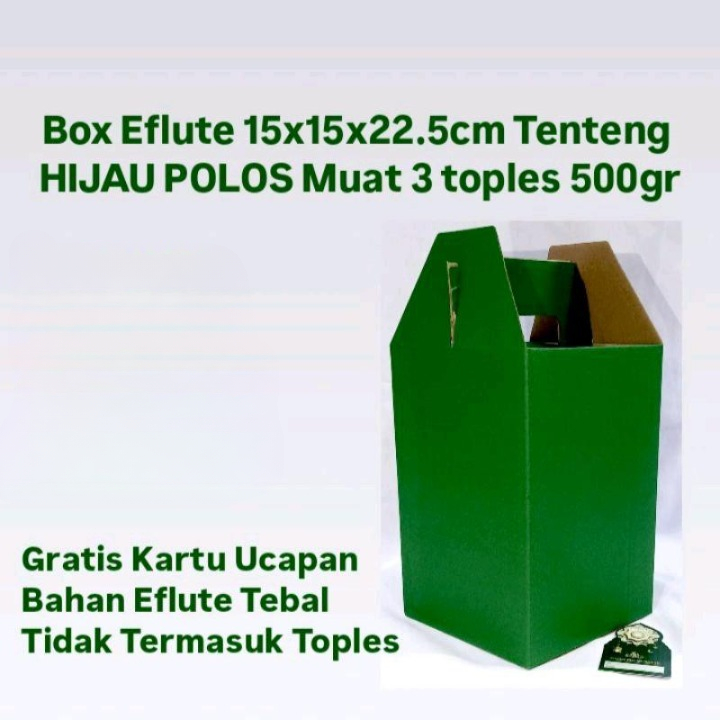 

Kardus E Flute Kue Kering Lebaran Kotak Jinjing Kukis Idul Fitri Hijau Muat 3 Toples Bulat 500 Gr Uk. 15x15x21 cm