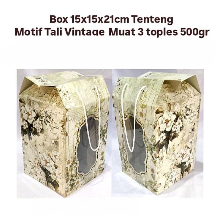 

15x15x21 cm Box Tenteng Kue Nastar Ramadan Kardus Jinjing Kastengel Lebaran Tali Vintage Isi 3 Toples Bulat 500 gram