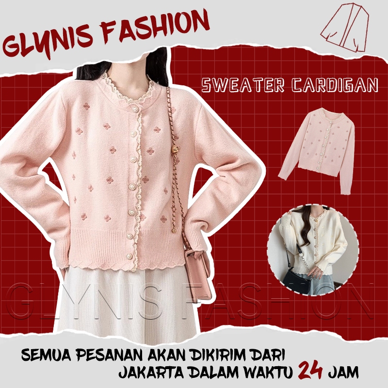 Glynis - Cardigan Rajut Knit Motif Bunga Cantik Style Korea
