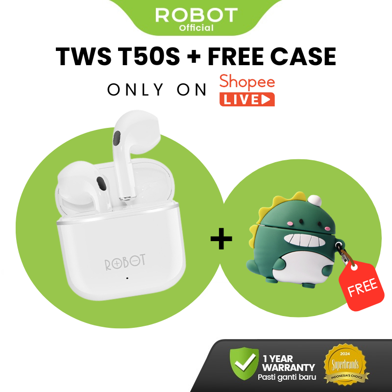 [FOR LIVE] FREE CASING ROBOT TWS Wireless Earphone Airbuds T50S Original BT 5.3 True Wireless Headse
