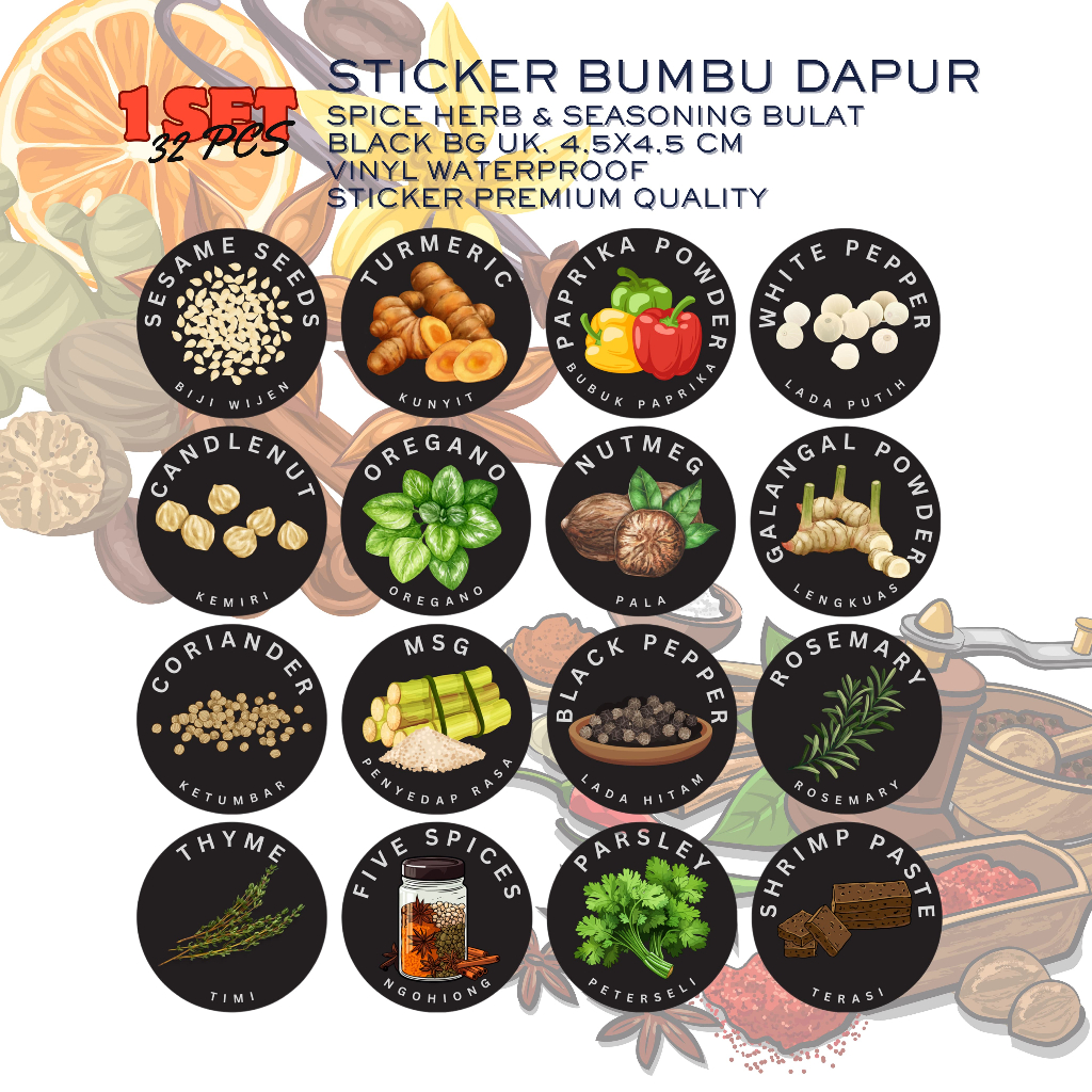 

Stiker Bumbu Spice Herbs & Seasoning , BG Putih / Hitam Bulat Vinyl Doff Waterproof, 32 pcs/set, ukuran 4,5 x 4,5 cm