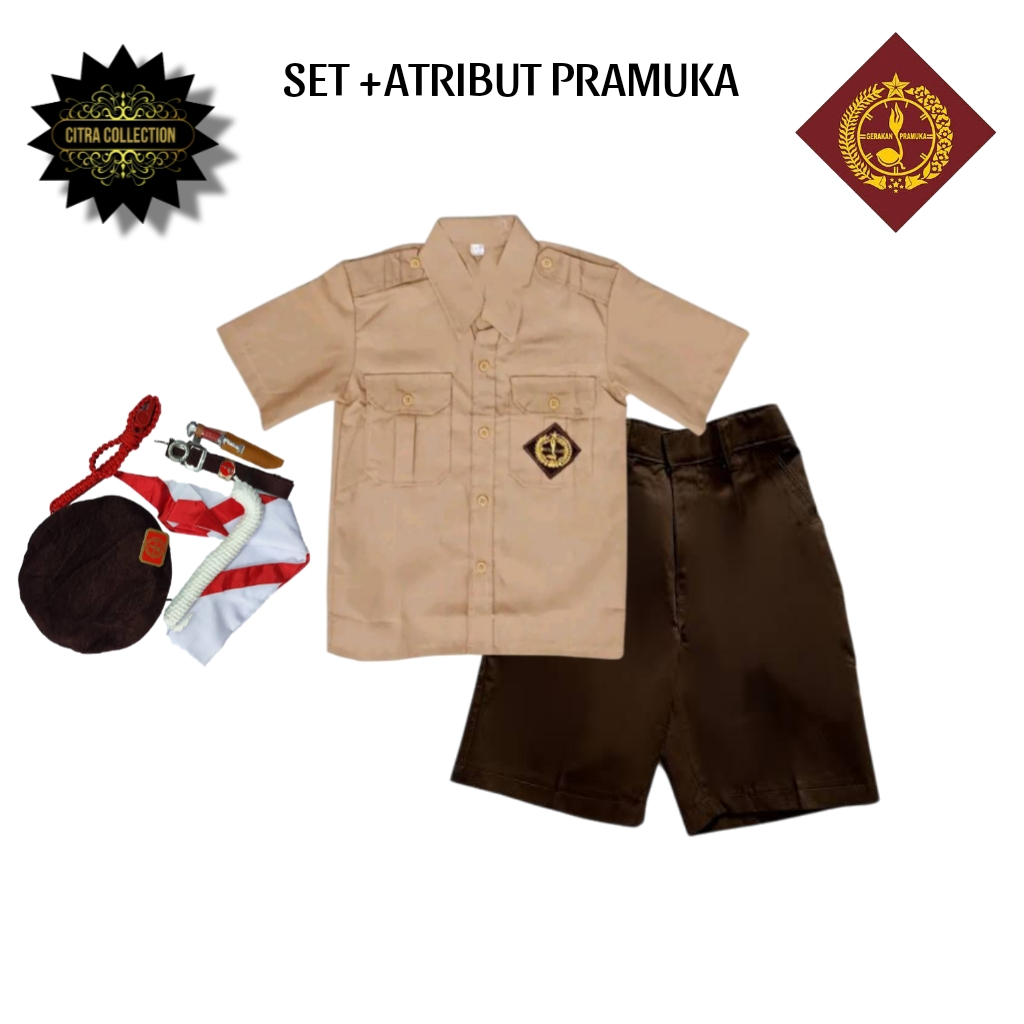 Seragam Pramuka SD Anak Laki Laki Pendek Kelas 1-6 SD Bonus Perlengkapan Aksesoris Pramuka SD Atribu