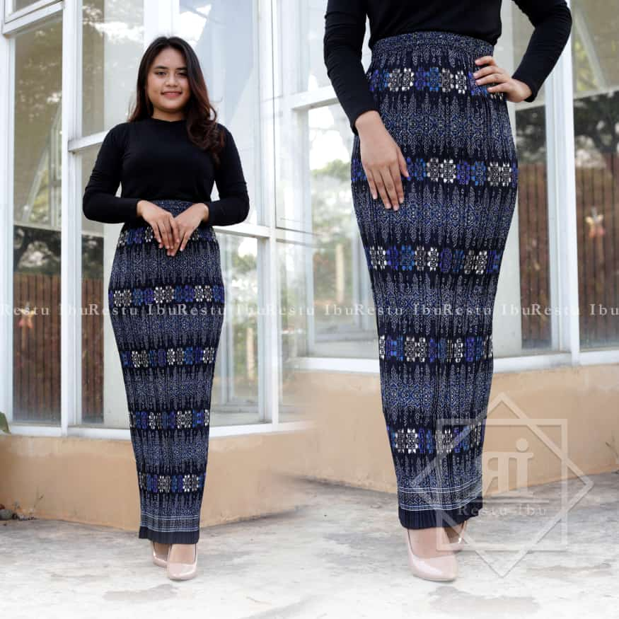 Rok Plisket Batik Panjang Muslim / Rok Wanita Bawahan Kebaya Toraja Hitam & Navy