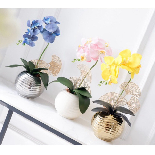 Full Set Vas Bunga Keramik Tunis Gold / Silver / Putih & Rangkaian Bunga Anggrek Latex Premium