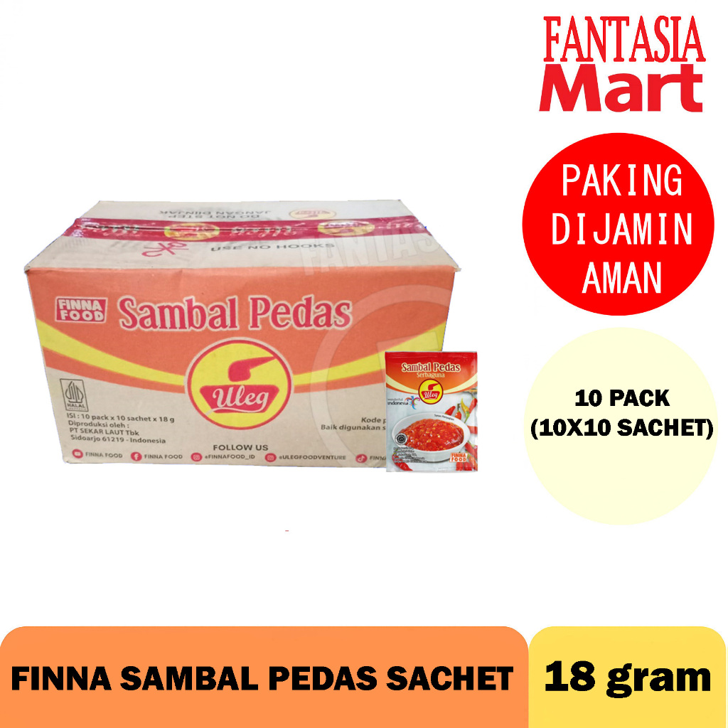 

FINNA SAMBAL PEDAS SACHET 18 GRAM DUS PER 10 PACK ISI 10X10 PCS FANTASIA DENGAN PAKING AMAN