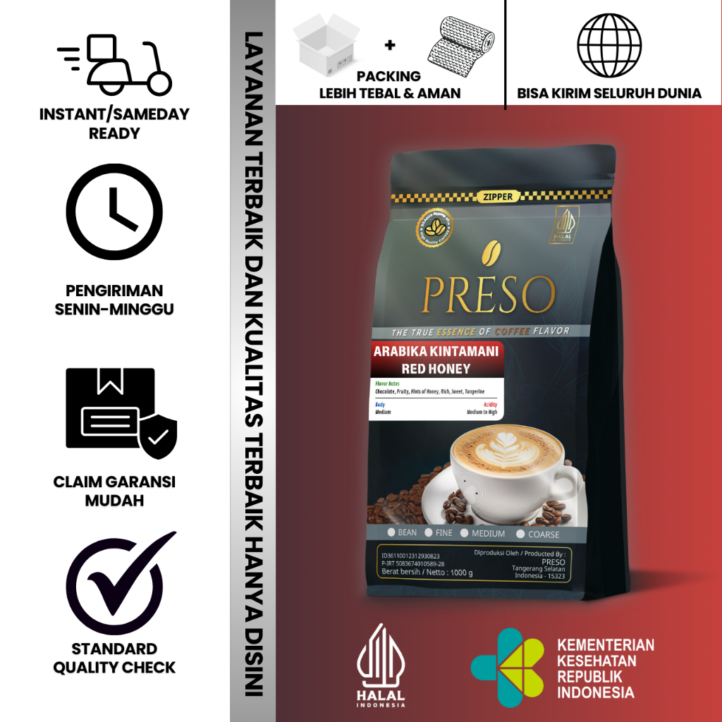 

PRESO Biji Kopi Bubuk Arabika Kintamani Red Honey Bali Coffee Roast Beans Espresso Bean 1000 gram