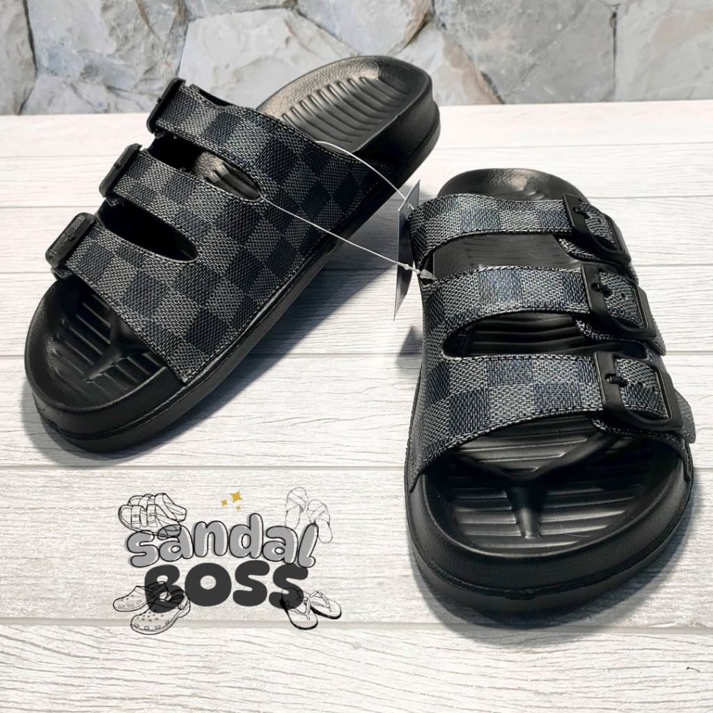 Sandal Slop Pria - Remaja Karet Tebal Motif Polos Hitam Loreng Strap 3 Sendal Keren Viral ERYA K9671