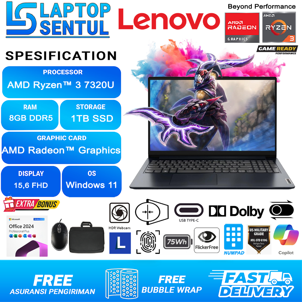 Laptop Gaming Lenovo Ideapad Slim 15 Amd Ryzen 3 7320U 1TB SSD FHD Windows 11 Office Abbys Blue