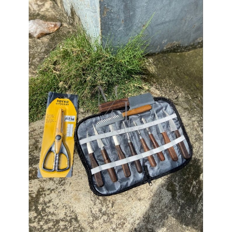 pisau garnish isi 10 + gunting + dompet - alat ukir buah sayur lengkap | set carving profesional