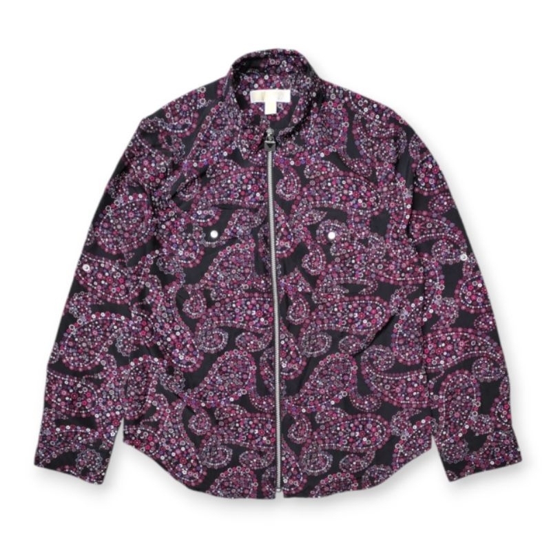 Michael Kors Floral Paisley Zip Collar Pocket Roll Tab Sleeve Lightweight Jacket
