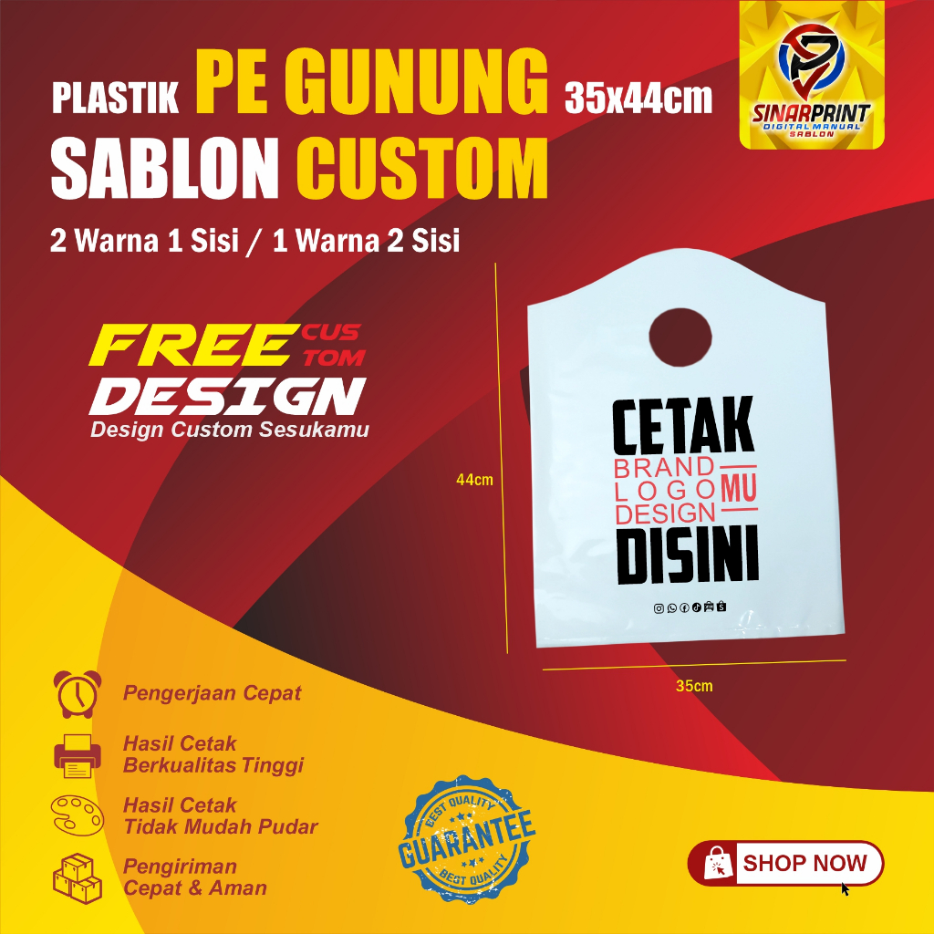 Plastik PE Gunung 35x44 + Sablon 2 Warna 1 Sisi atau 1 Warna 2 Sisi Plastik Distro Butik Kemasan