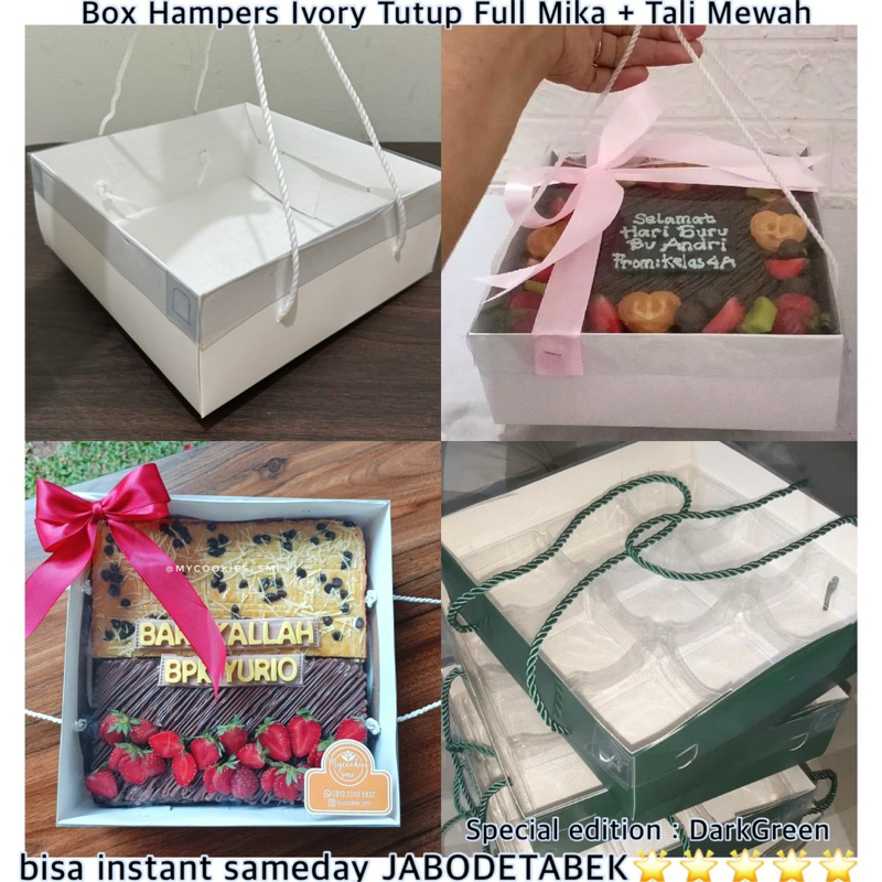 

Kotak Ivory Mewah + Tali Full White / Green Box Kotak 20x20 Box Hampers Kue Lebaran Box Seserahan Kotak Kue Hijau