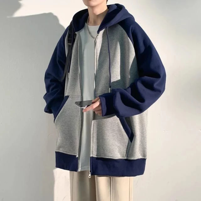 Jaket Hoodie Oversize Pria Wanita Kombinasi Korean Style Bahan Fleece Ukuran Jumbo