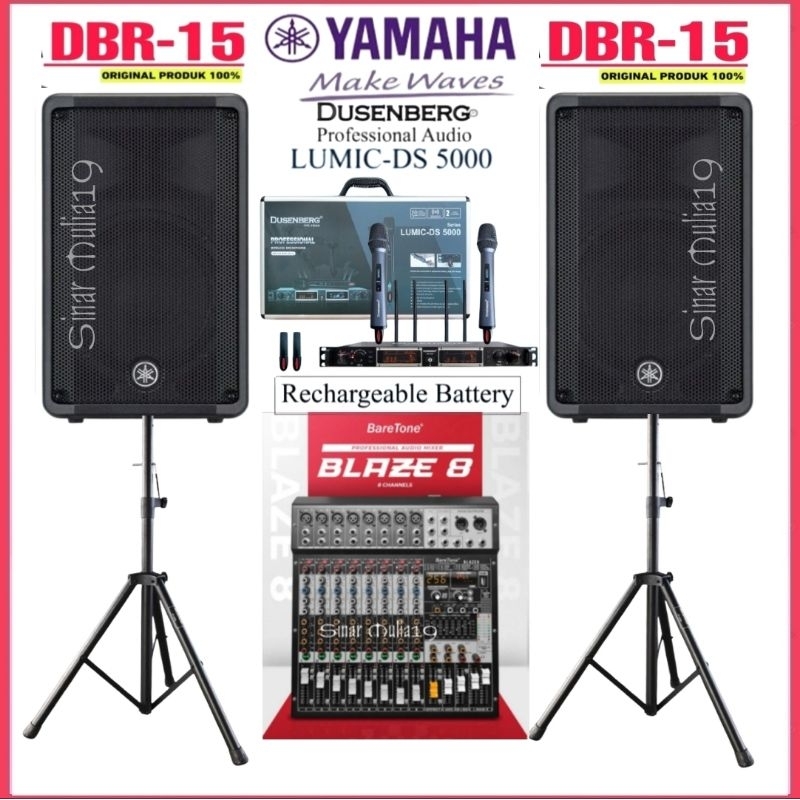 Paket Sound System Speaker Aktif YAMAHA DBR15 Original Mixer BareTone Blaze 8 Bluetooth Mic Wireless