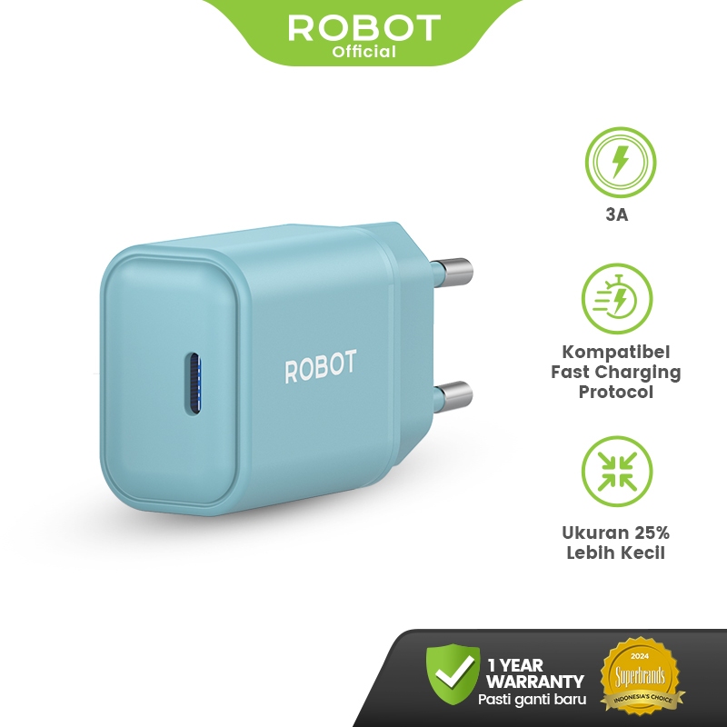 ROBOT Adaptor Kepala Charger iPhone 17 16 15 & Android GaN 20W PD Fast Charging Samsung with Kabel T