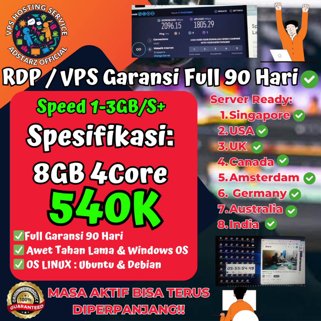 RDP / VPS 8GB 4CORE Windows Linux Ubuntu Debian Full Administrator & Full Garansi [ 90 HARI ]