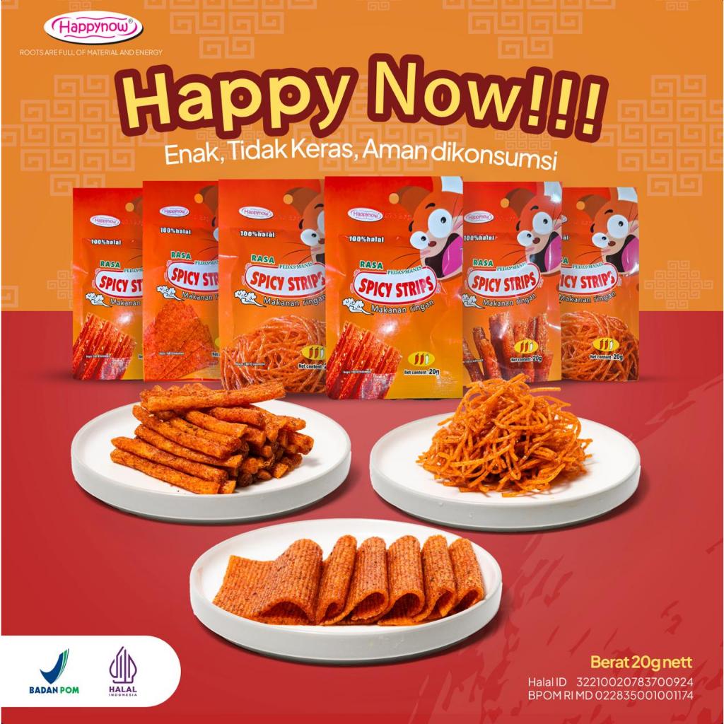 

happy now snack viral spicy sticks enak halal dan BPOM aman dikonsumsi dan bergizi