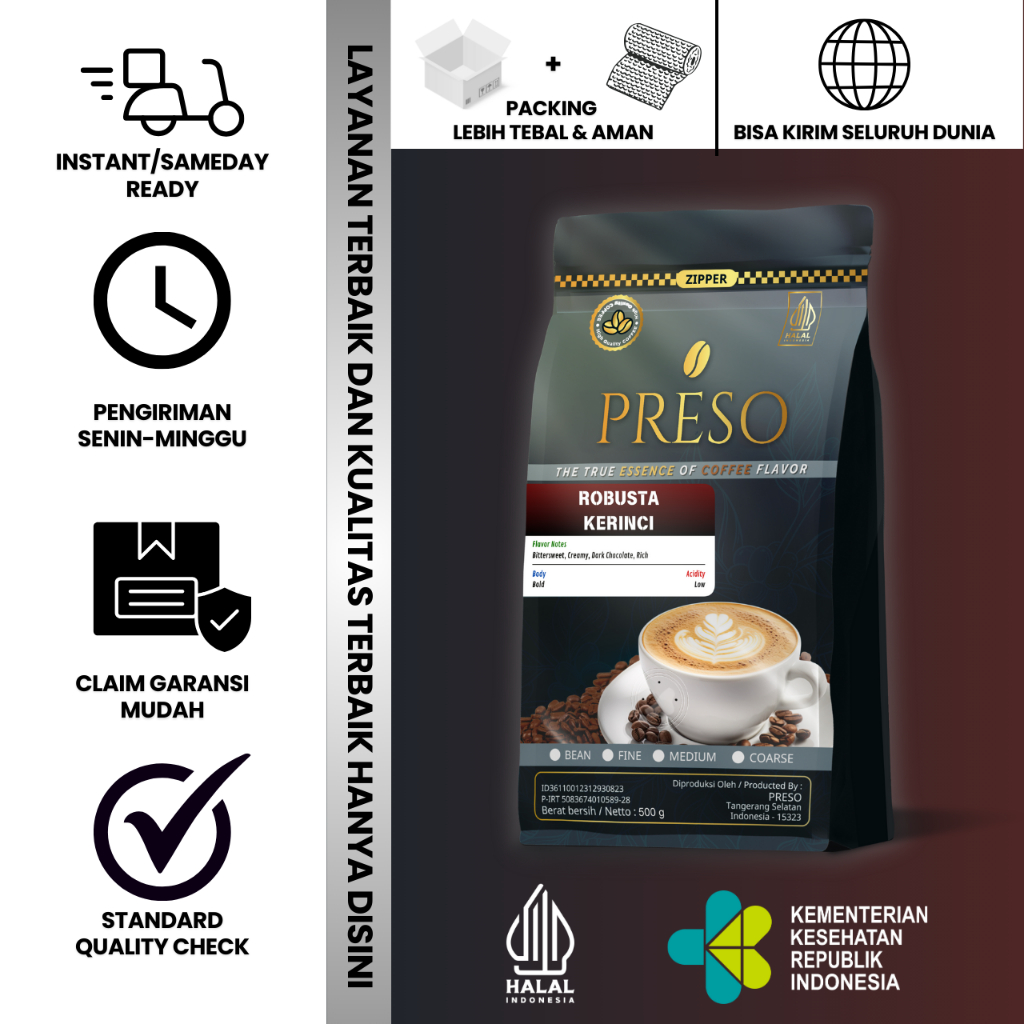 

PRESO Biji Kopi Bubuk Robusta Kerinci Sumatra Coffee Roast Beans Espresso Bean Coffe 500 gram