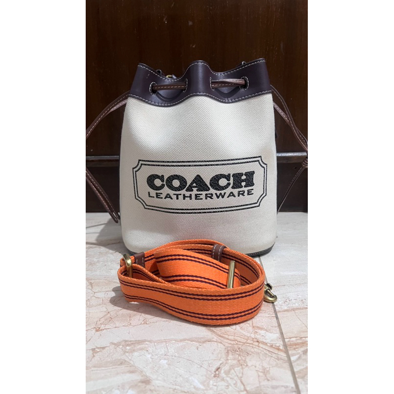 Tas bucket canvas mix leather coach premium ada tali panjang