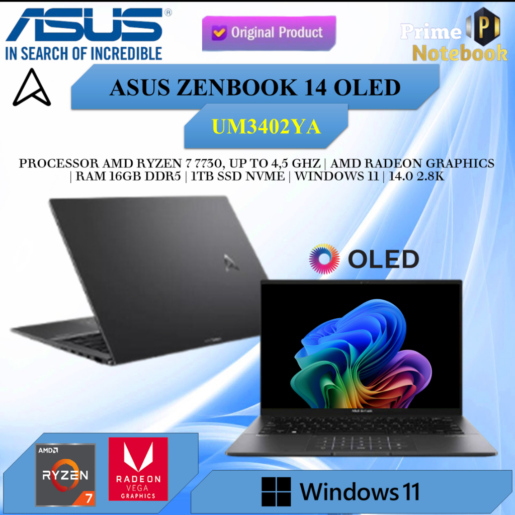 Laptop Asus Zenbook 14 OLED UM3402YA Touchscreen Ryzen 7 7730 16GB 1TB W11 14.0 Inches 2.8K